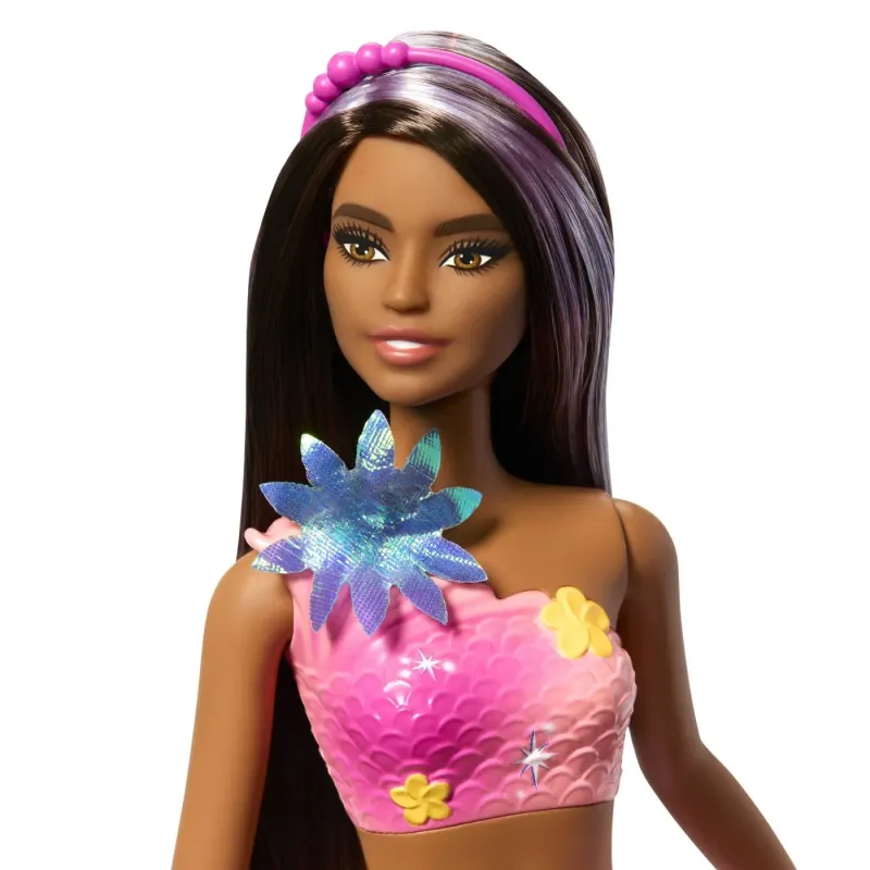 BARBIE PAPUSA SIRENA FLOAREA MAGICA CU PAR BRUNET ȘI COADA ROZ