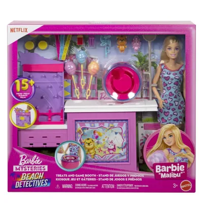 BARBIE MYSTERIES DETECTIVI PE PLAJA SET CABINA DE JOCURI ȘI PAPUSA BARBIE MALIBU CU ACCESORII
