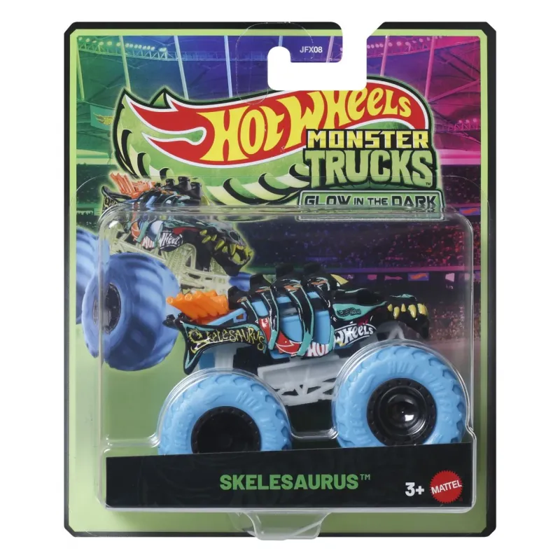 HOT WHEELS MONSTER TRUCK GLOW IN THE DARK MAȘINUȚĂ SKELESAURUS SCARA 1 LA 64