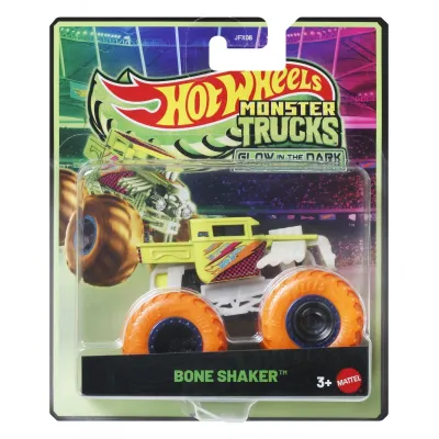 HOT WHEELS MONSTER TRUCK GLOW IN THE DARK MAȘINUȚĂ BONE SHAKER CU ROTI PORTOCALII SCARA 1 LA 64