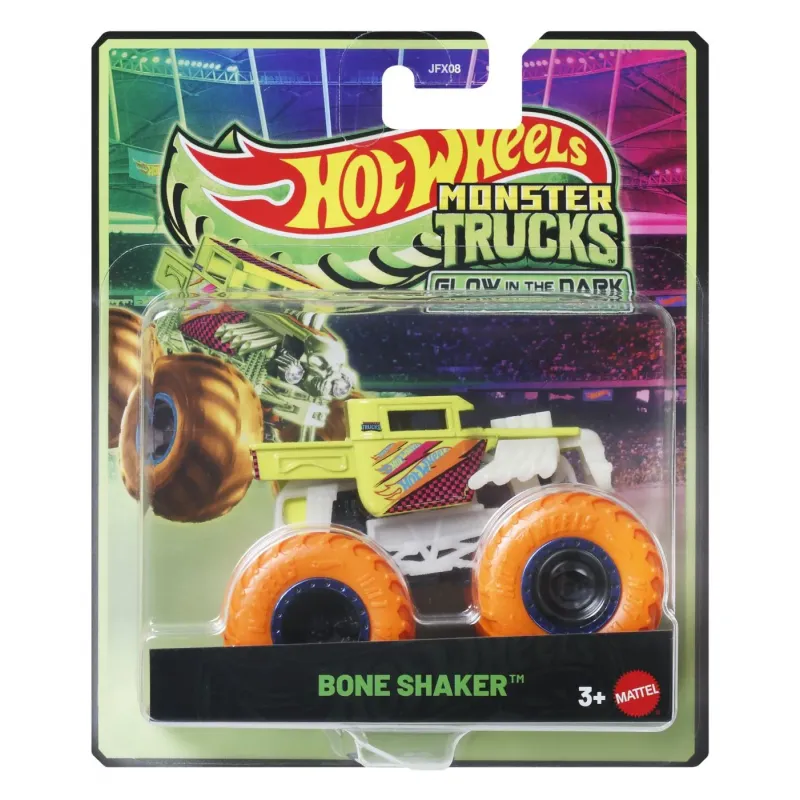 HOT WHEELS MONSTER TRUCK GLOW IN THE DARK MAȘINUȚĂ BONE SHAKER CU ROTI PORTOCALII SCARA 1 LA 64