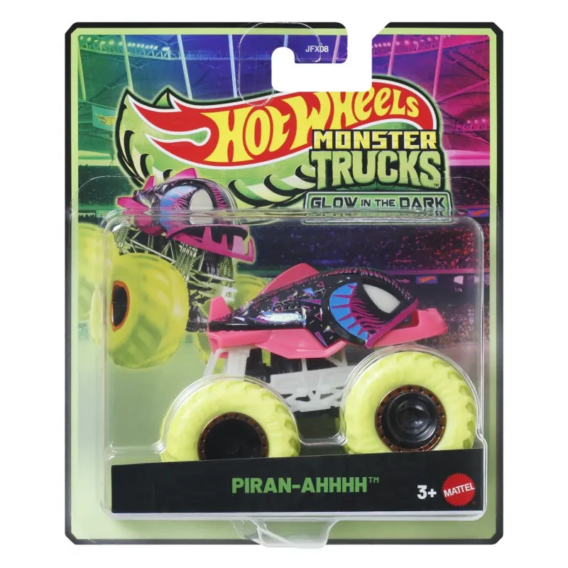 HOT WHEELS MONSTER TRUCK GLOW IN THE DARK MAȘINUȚĂ PIRAN-AHHHH CU ROTI VERZI SCARA 1 LA 64