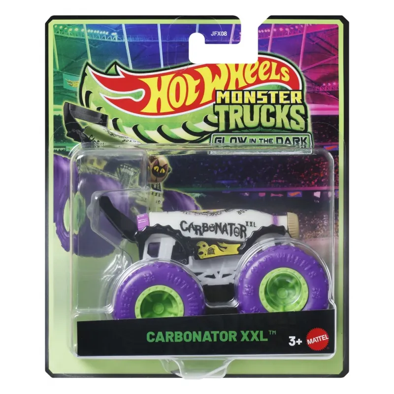 HOT WHEELS MONSTER TRUCK GLOW IN THE DARK MAȘINUȚĂ CARBONATOR XXL CU ROTI MOV SCARA 1 LA 64