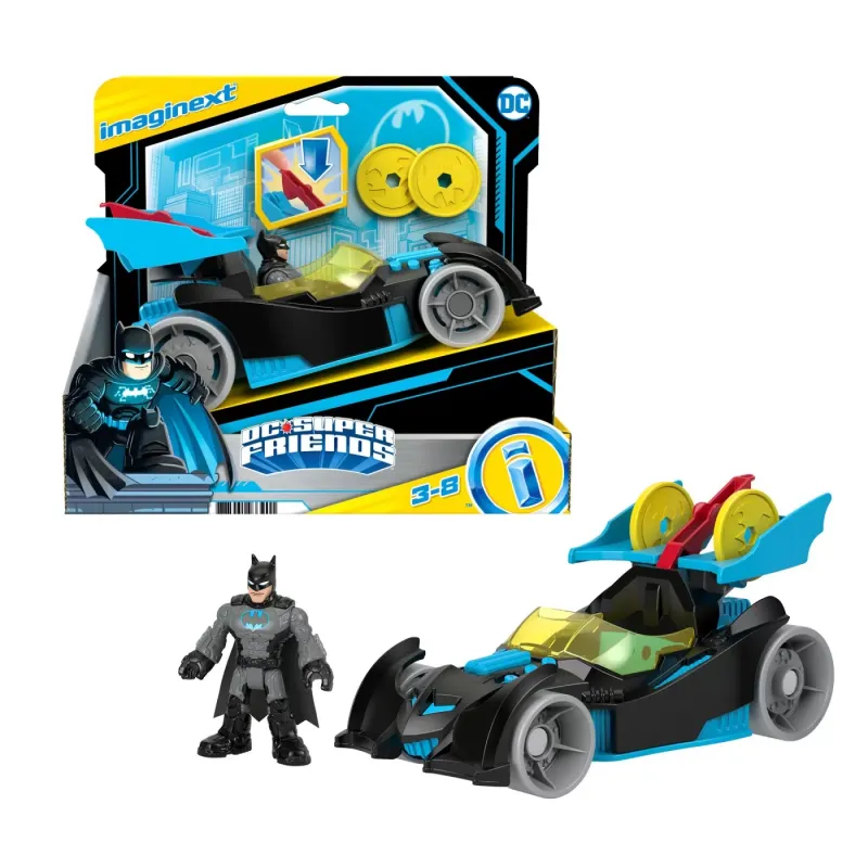 FISHER PRICE IMAGINEXT DC SUPER FRIENDS VEHICUL CU FIGURINĂ BATMAN CU COSTUM GRI